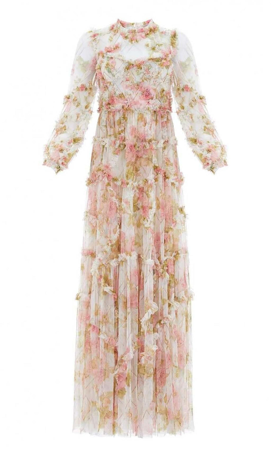 MAXIKLEID MIT BLUMENPRINT UND RÜSCHEN
