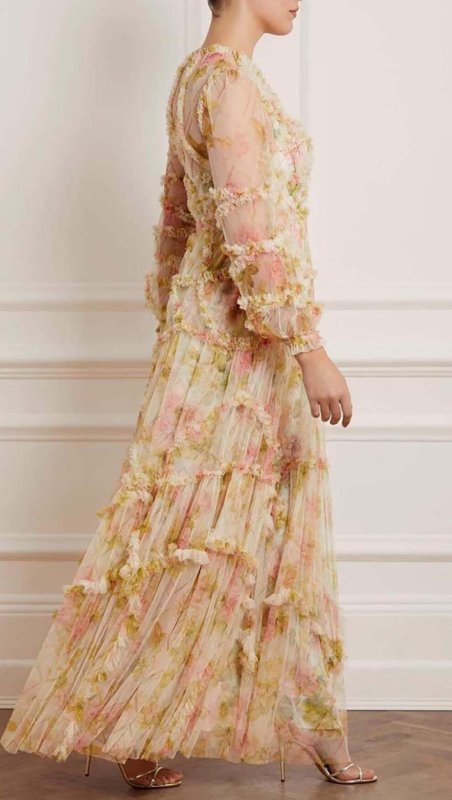 ABITO LUNGO CON VOLANT E STAMPA FLOREALE