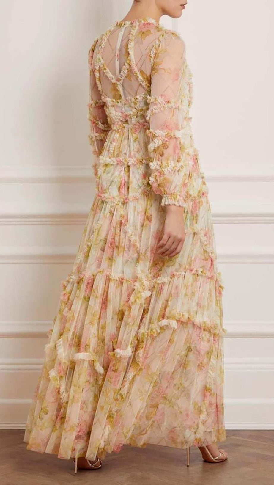 ABITO LUNGO CON VOLANT E STAMPA FLOREALE