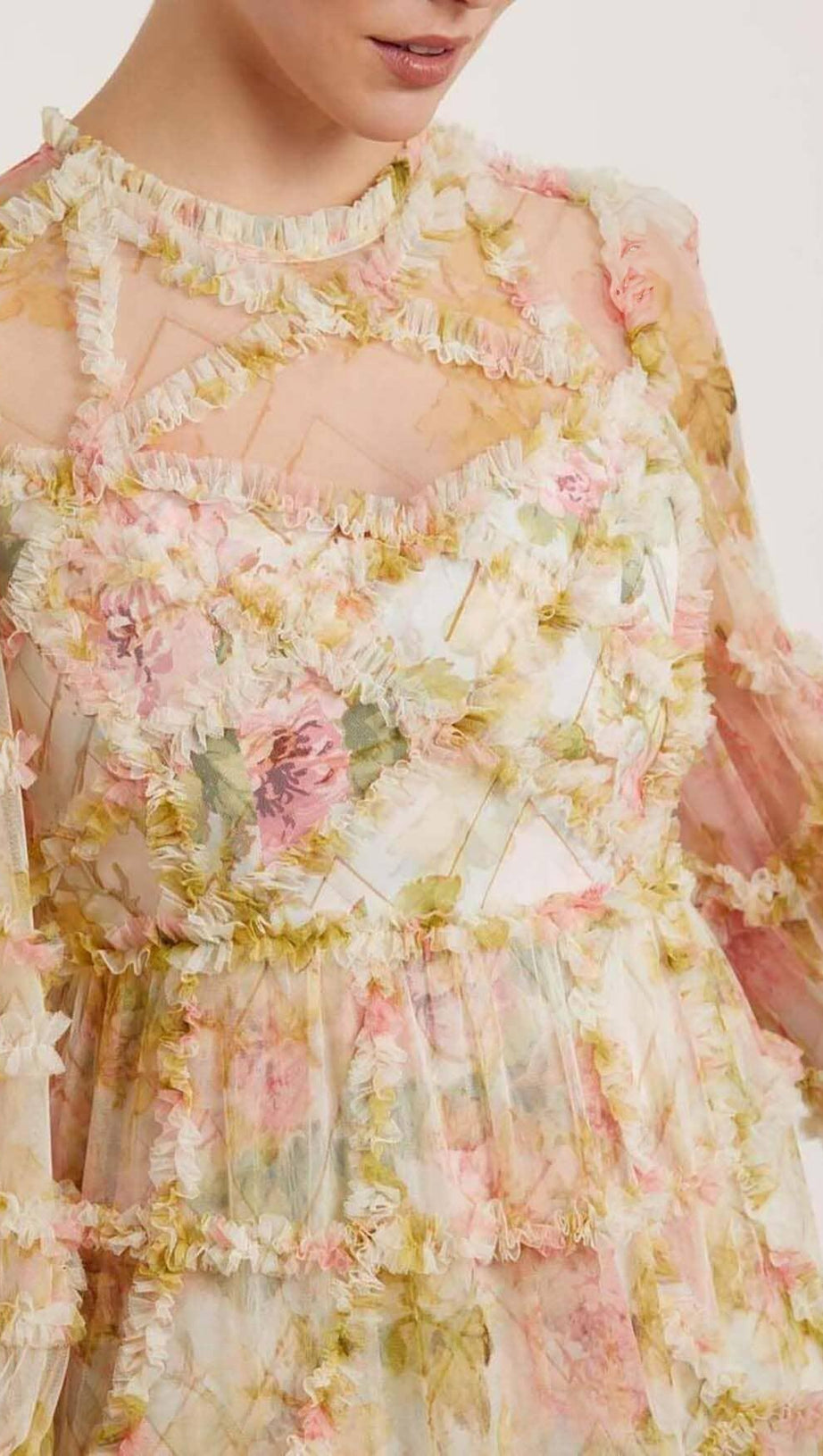 ABITO LUNGO CON VOLANT E STAMPA FLOREALE