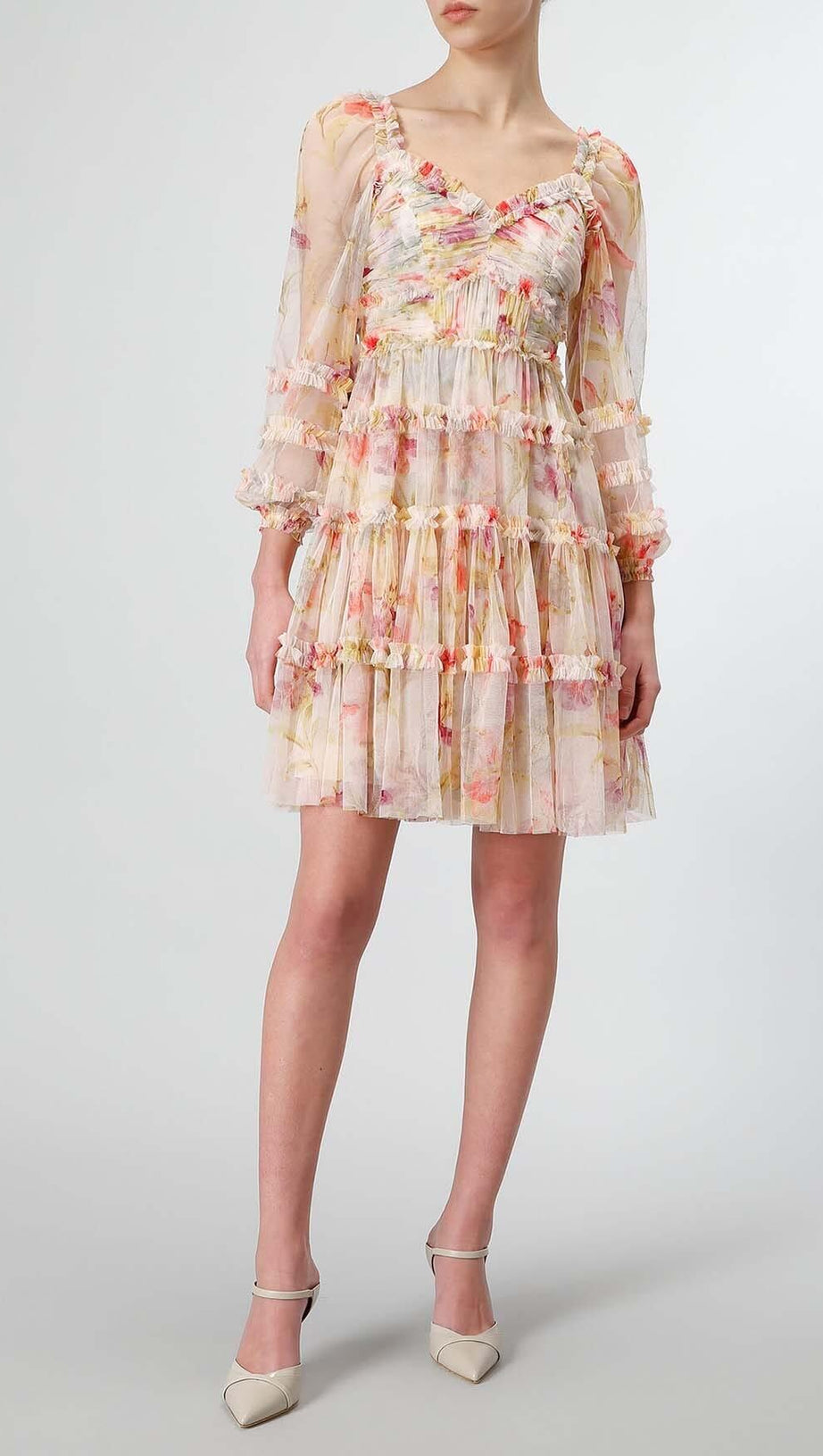 ABITO MIDI CON VOLANT E STAMPA FLOREALE