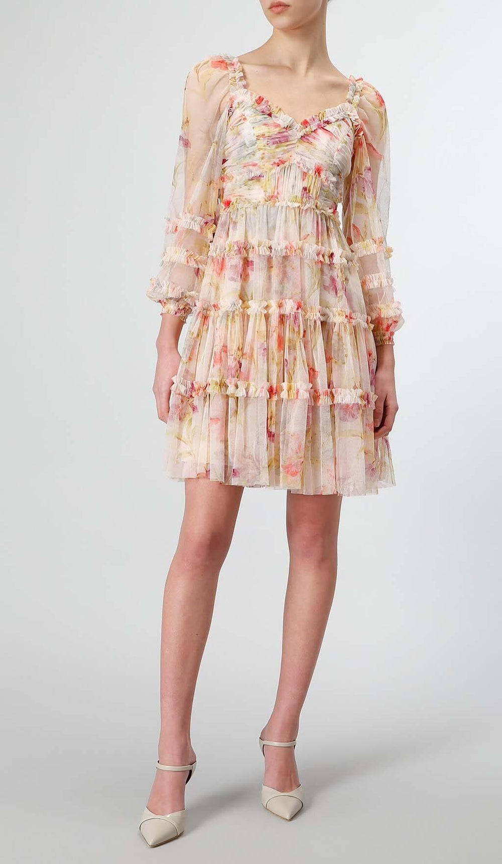 ABITO MIDI CON VOLANT E STAMPA FLOREALE