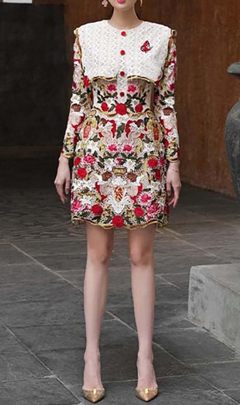 MINI ABITO CON RICAMI FIORITI IN ROSSO