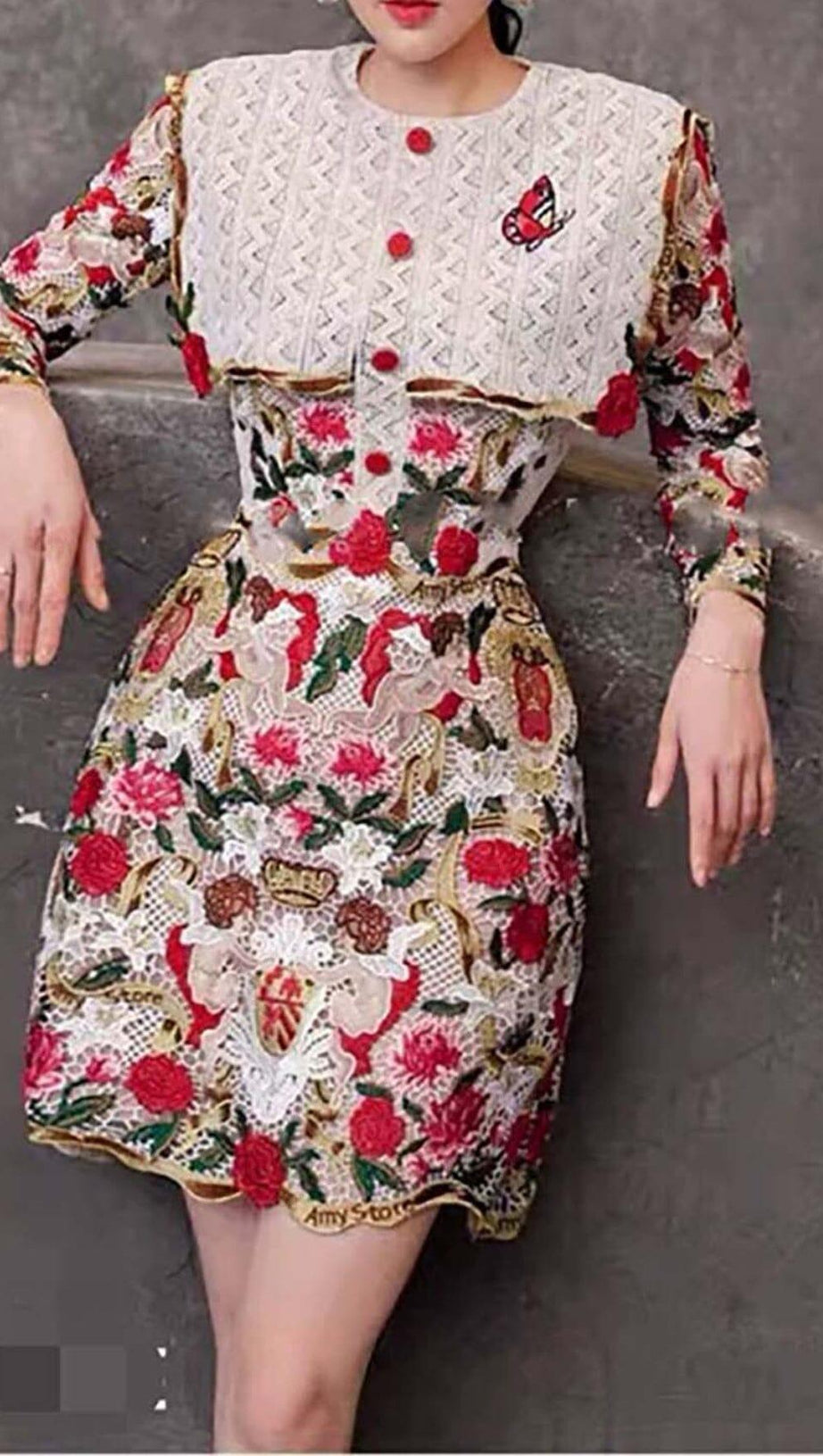 MINI ABITO CON RICAMI FIORITI IN ROSSO