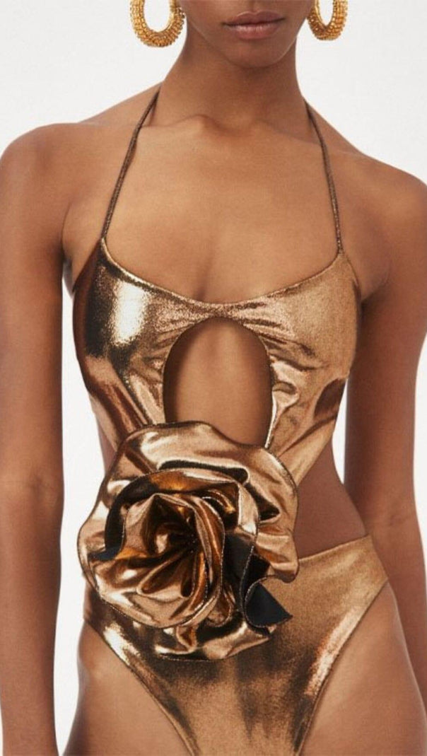 AIIZIE HALTER CUTOUT FLOWER SWIMSUIT IN GOLD - product image