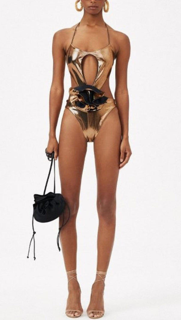 AIIZIE HALTER CUTOUT FLOWER SWIMSUIT IN GOLD - product image