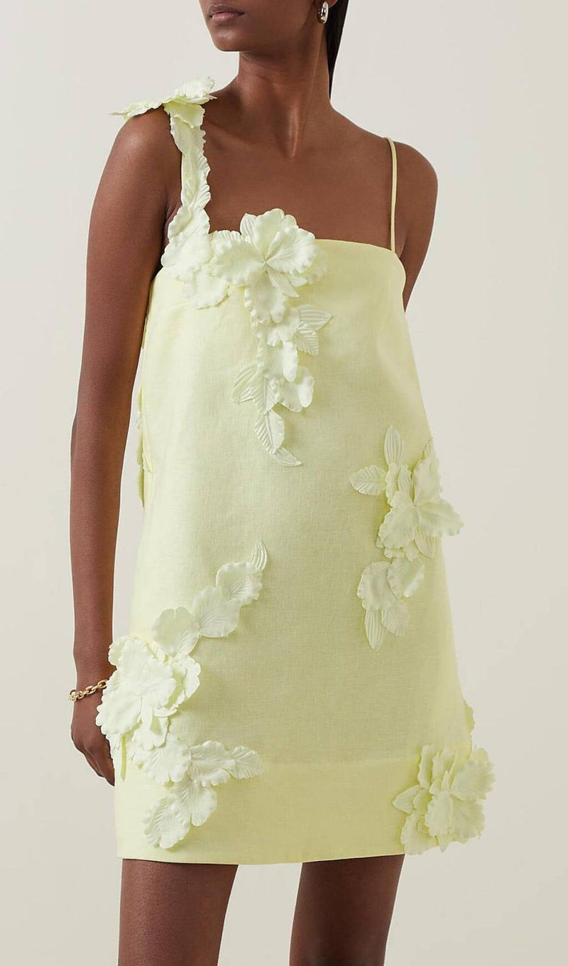 HIGH TIDE FLOWER EMBELLISHED LINEN MINI DRESS