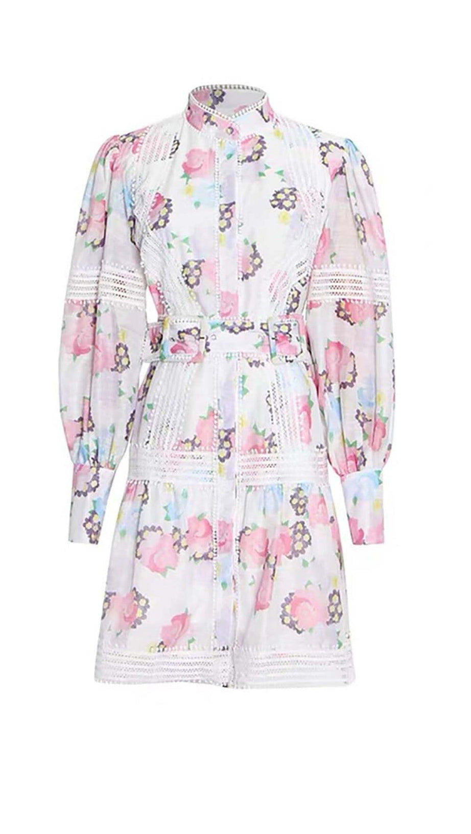 LACE TRIM LANTERN SLEEVE MINI DRESS IN FLORAL