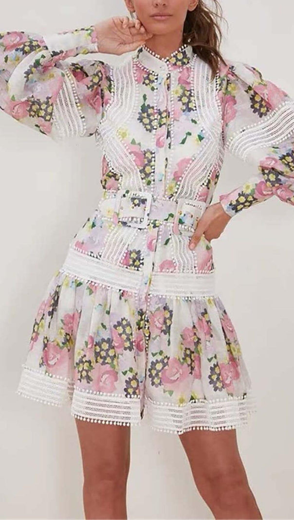 AIIZIE LACE TRIM LANTERN SLEEVE MINI DRESS IN FLORAL - product image