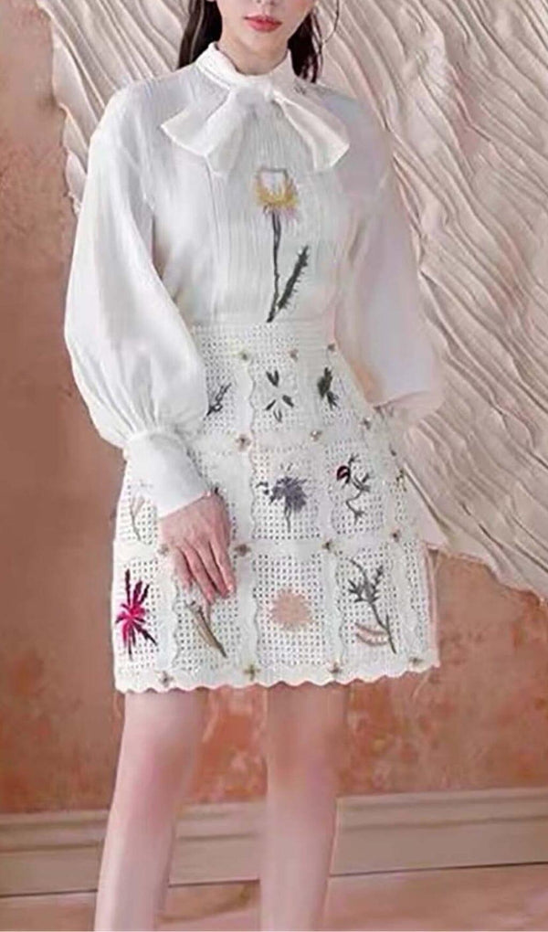 LANTERN SLEEVE EMBROIDERY TWO PIECE SET IN WHITE