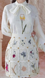 LANTERN SLEEVE EMBROIDERY TWO PIECE SET IN WHITE