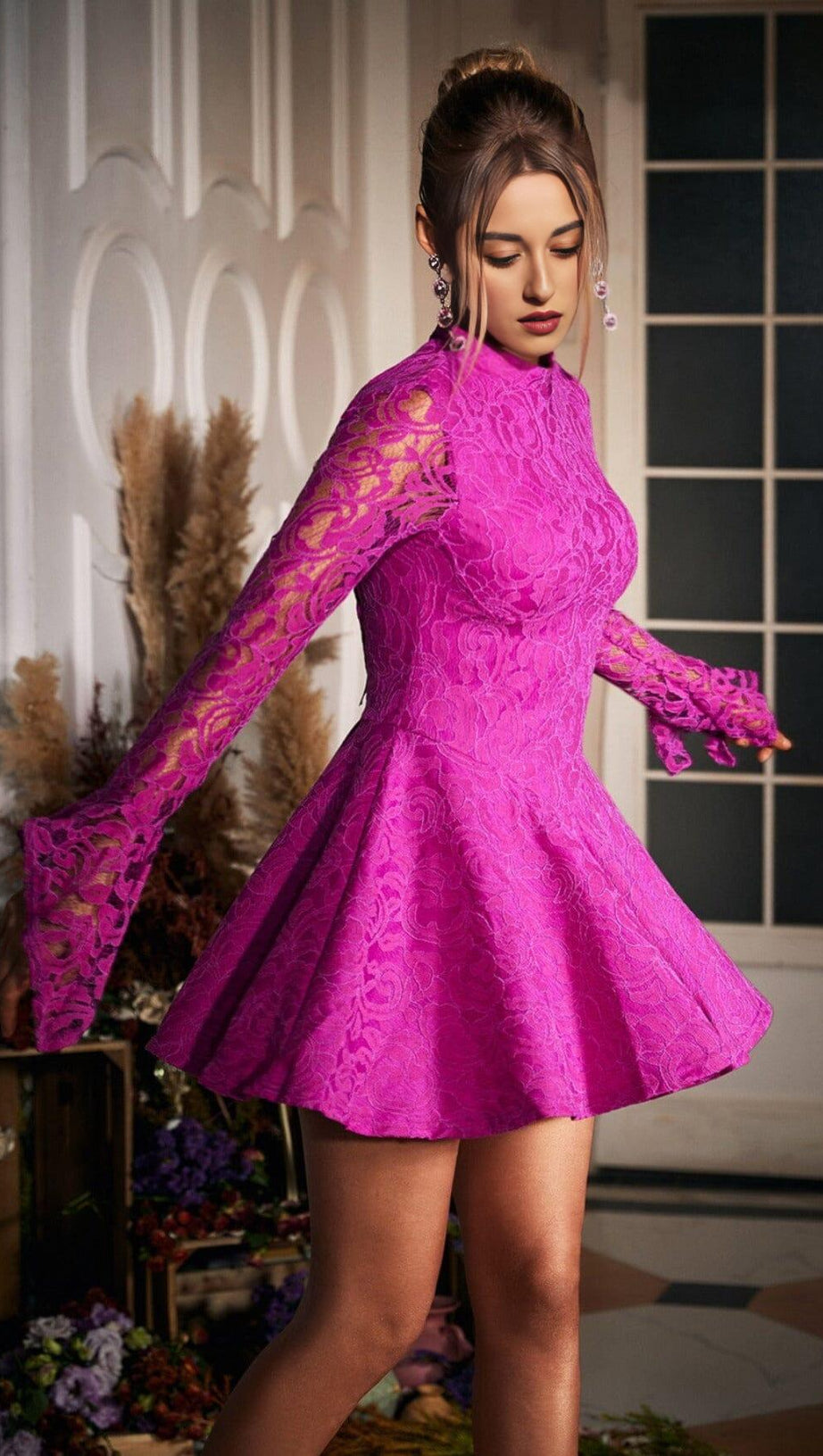 LONG SLEEVE HOLLOW LACE DRESS