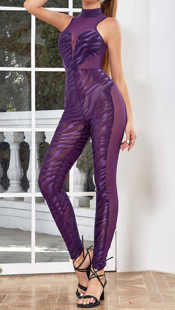 AIIZIE OFF SLEEVE BODYCON JUMPSUIT IN PURPLE - product image