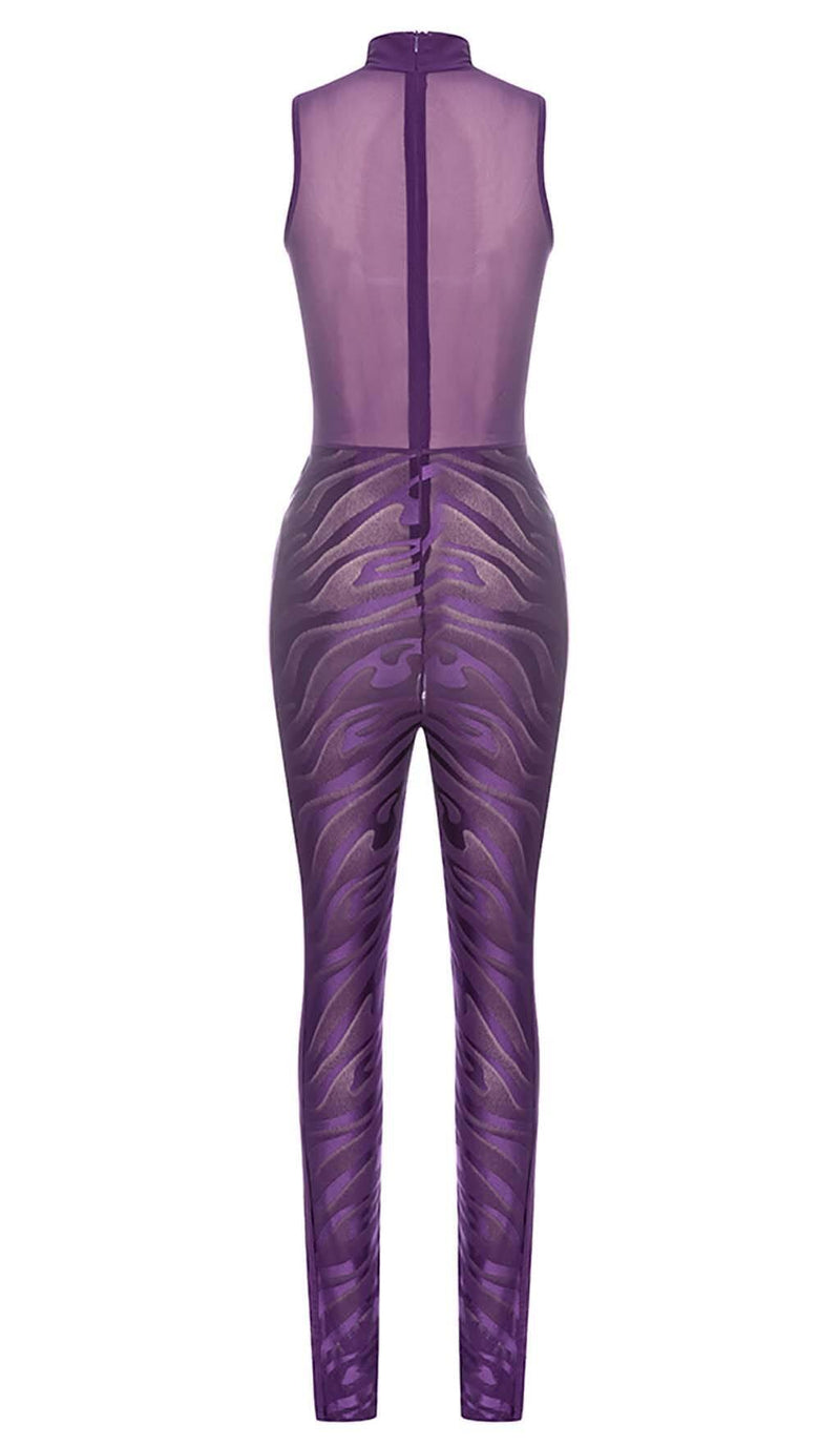 OFF SLEEVE BODYCON JUMPSUIT IN PURPLE