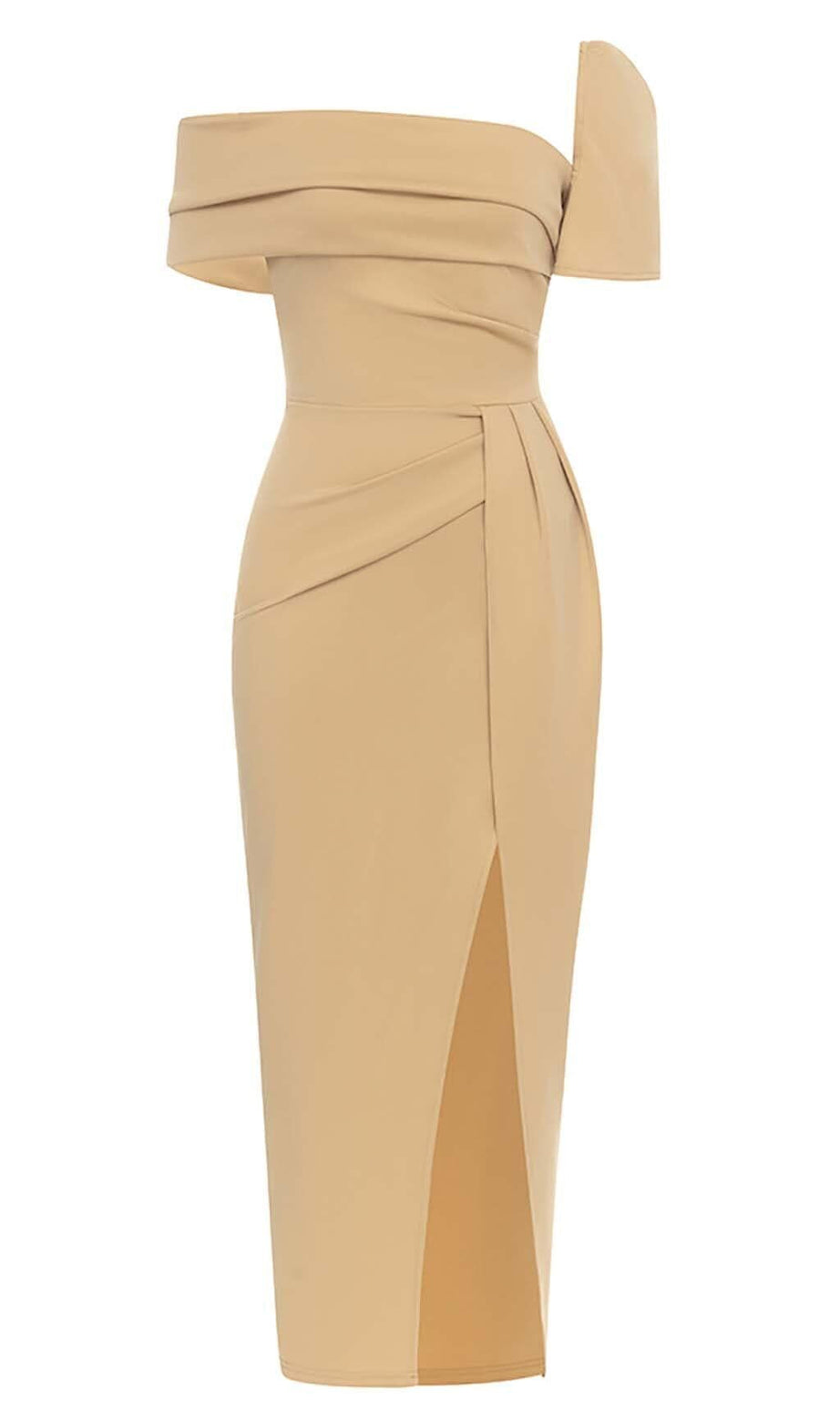 ONE SHOULDER BANDAGE MAXI DRESS IN APRICOT