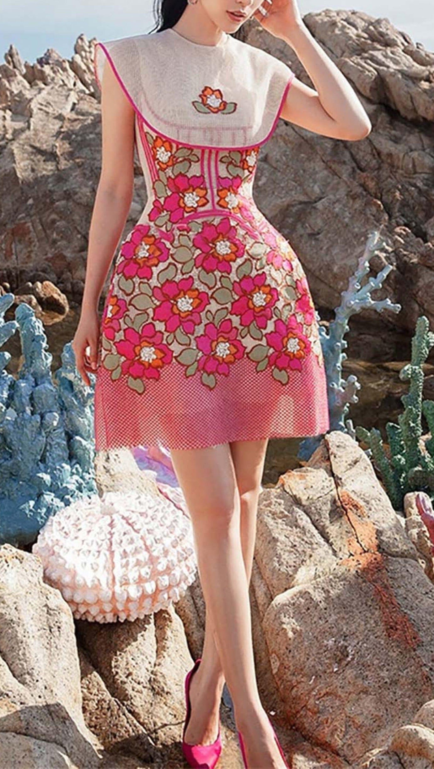 PETALS EMBROIDERED HEM MIDI DRESS