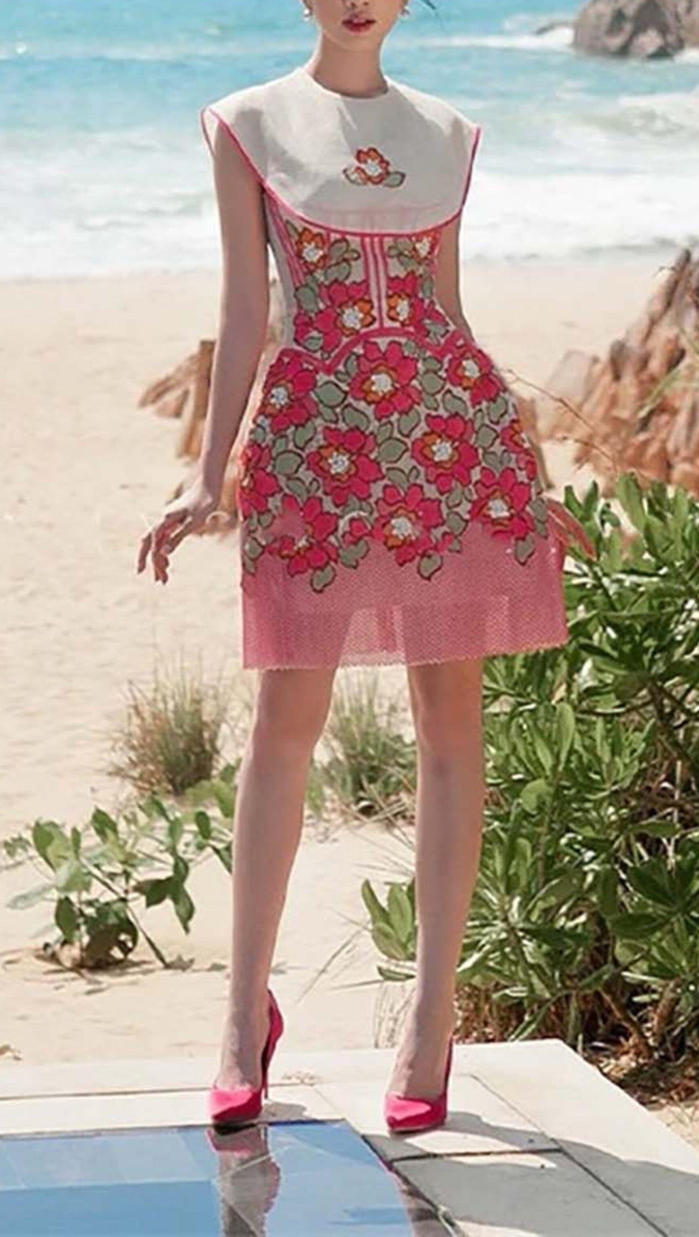 PETALS EMBROIDERED HEM MIDI DRESS