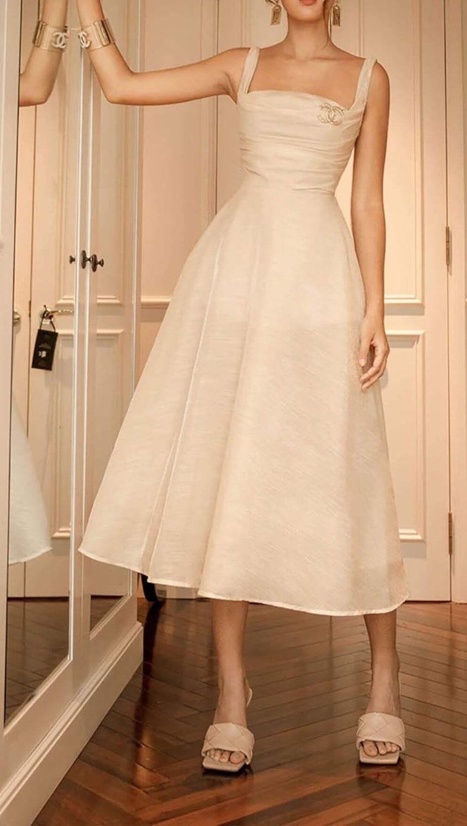 PLEATED CAMI SLIM MIDI DRESS IN WHITE