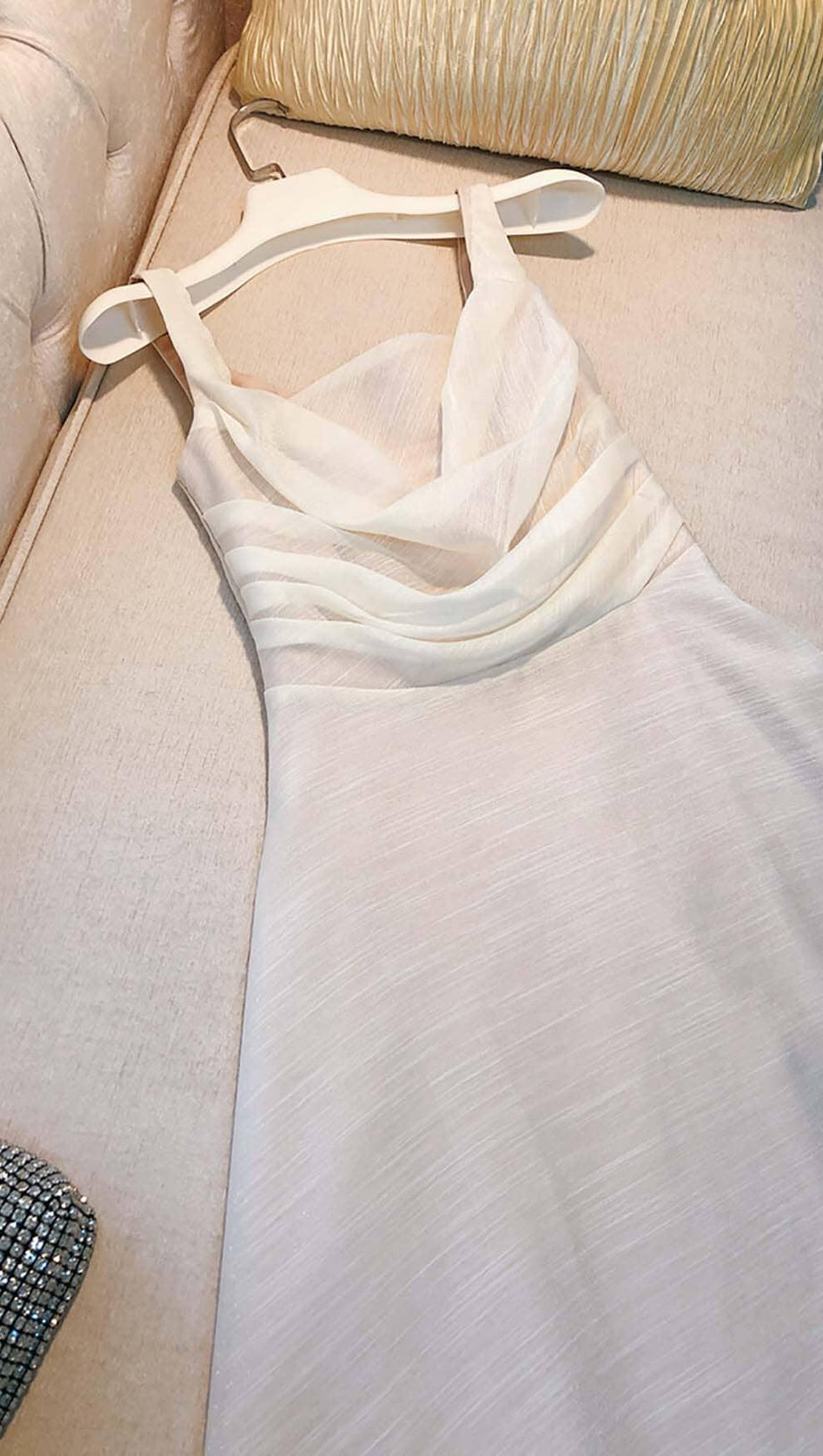 PLEATED CAMI SLIM MIDI DRESS IN WHITE