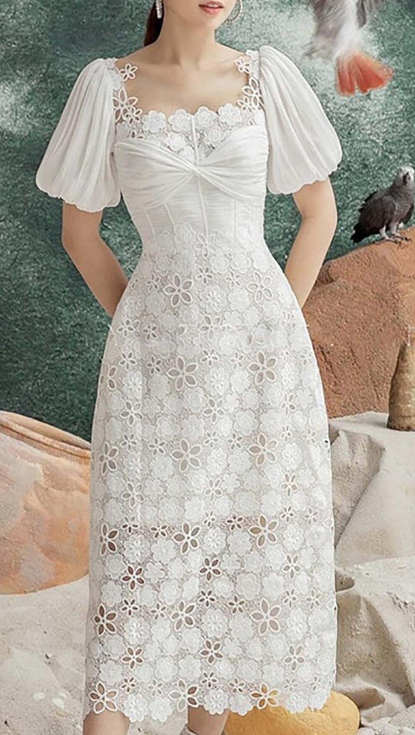 AIIZIE PUFF SLEEVE LACE MIDI DRESS IN WHITE - product image