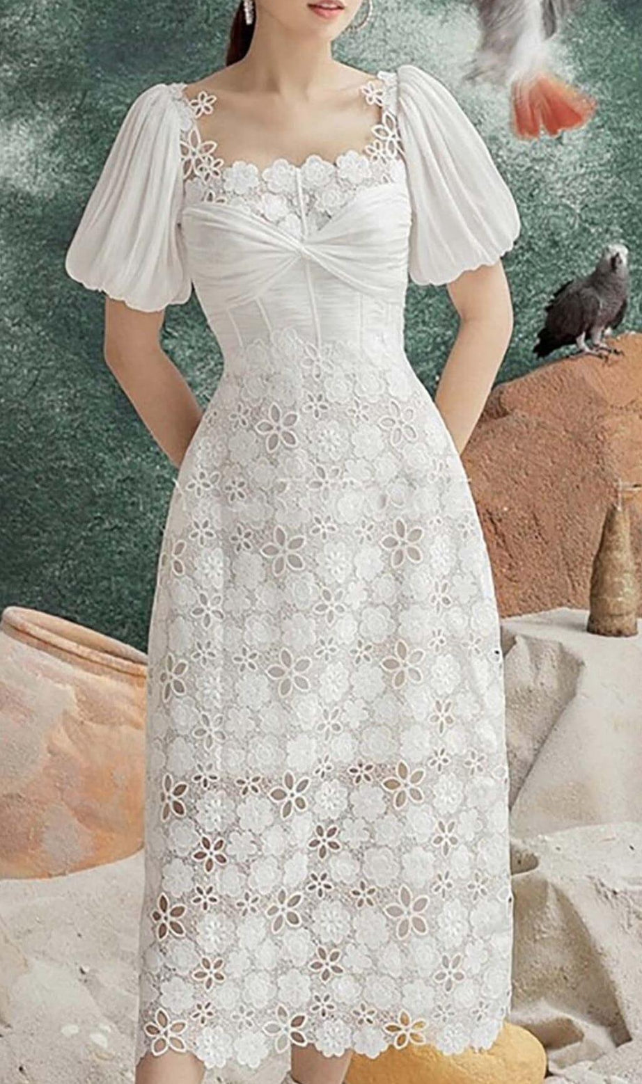 PUFF SLEEVE LACE MIDI DRESS IN WHITE