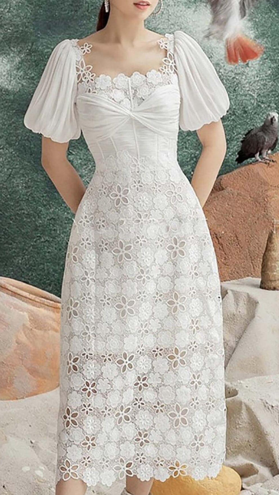 PUFF SLEEVE LACE MIDI DRESS IN WHITE