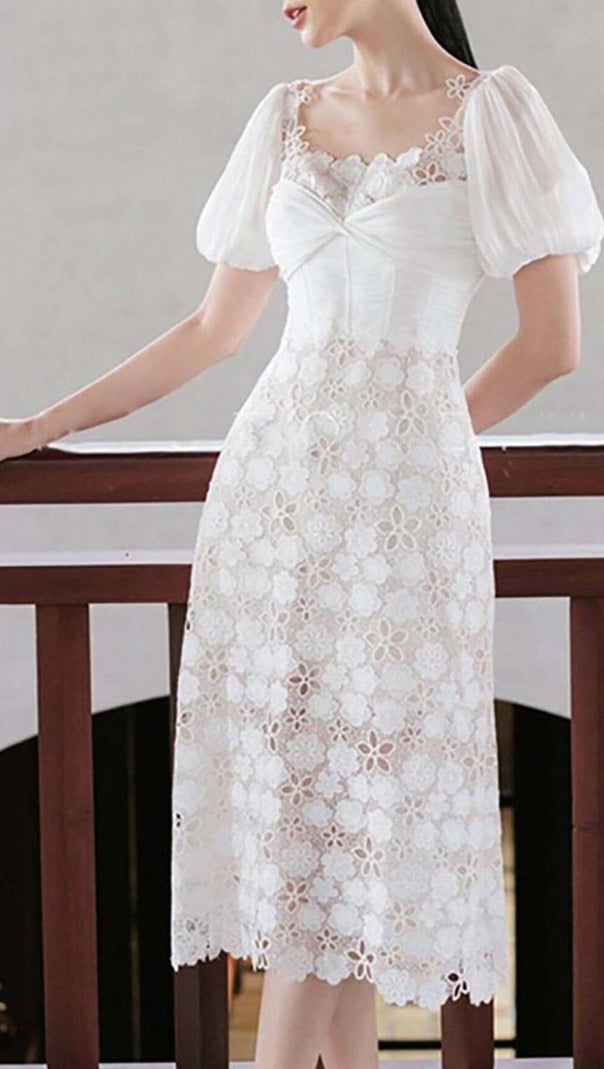 AIIZIE PUFF SLEEVE LACE MIDI DRESS IN WHITE - product image