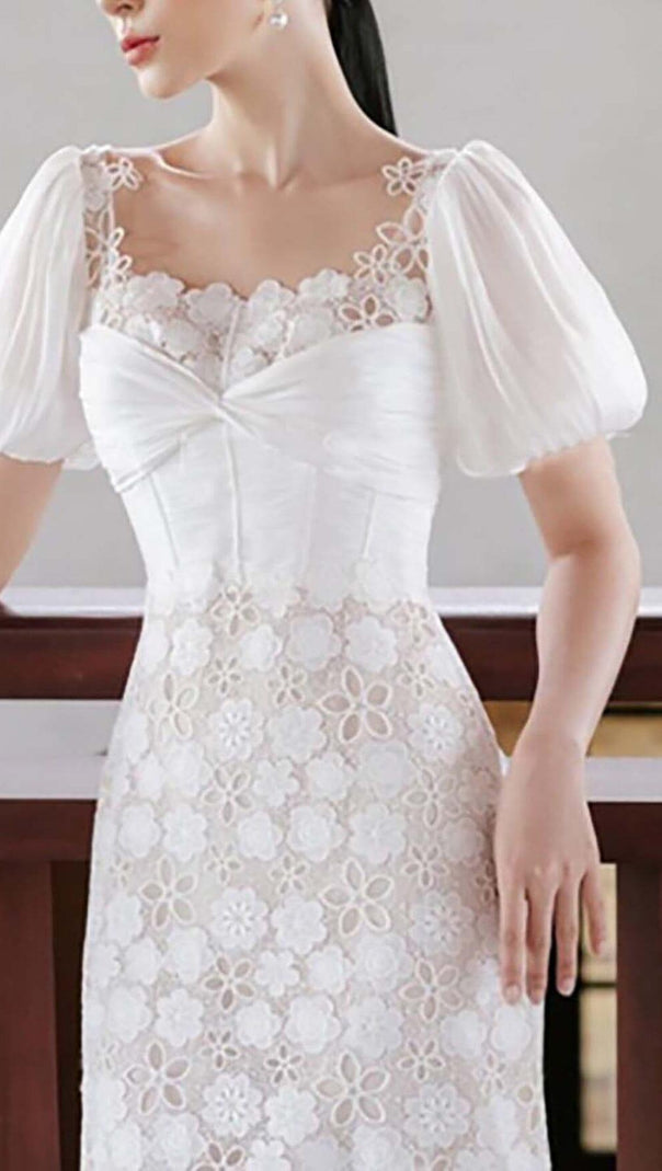 AIIZIE PUFF SLEEVE LACE MIDI DRESS IN WHITE - product image