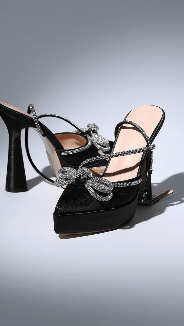 AIIZIE ANOUK BOW CRYSTAL SATIN HEELS IN BLACK - product image