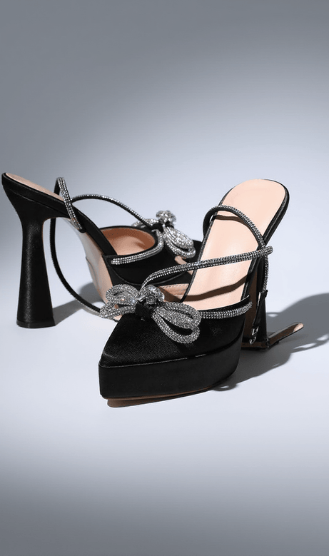 Anouk Bow Crystal Satin Heels In Black