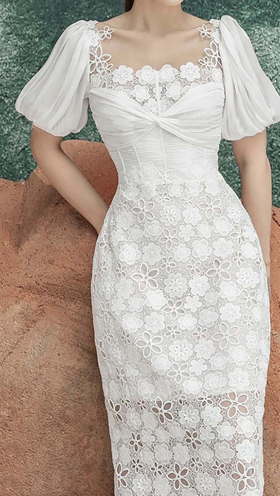PUFF SLEEVE LACE MIDI DRESS IN WHITE