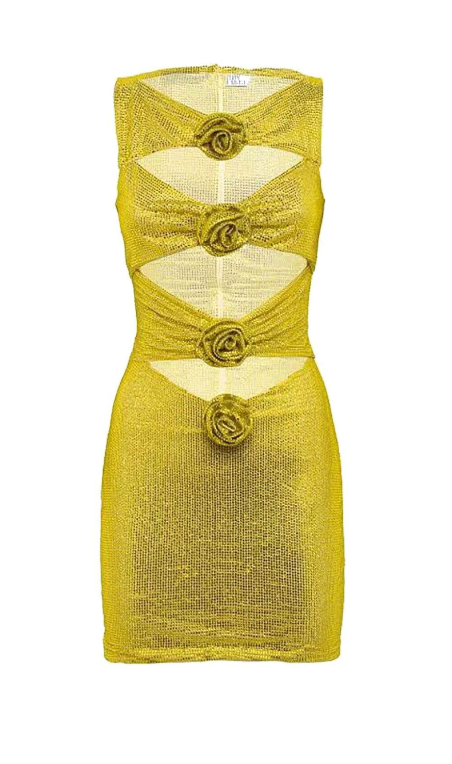 MINI ABITO GIALLO CON DECORAZIONI A ROSETTE