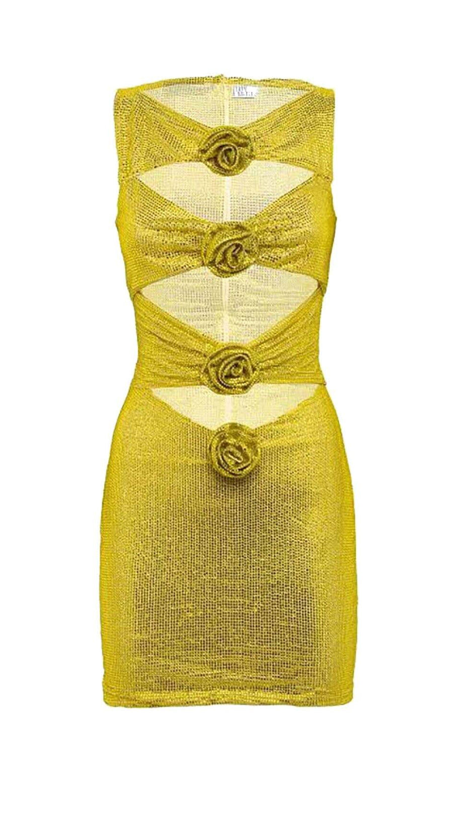 ROSETTE CUT OUT EMBELLISHED MINI DRESS IN YELLOW