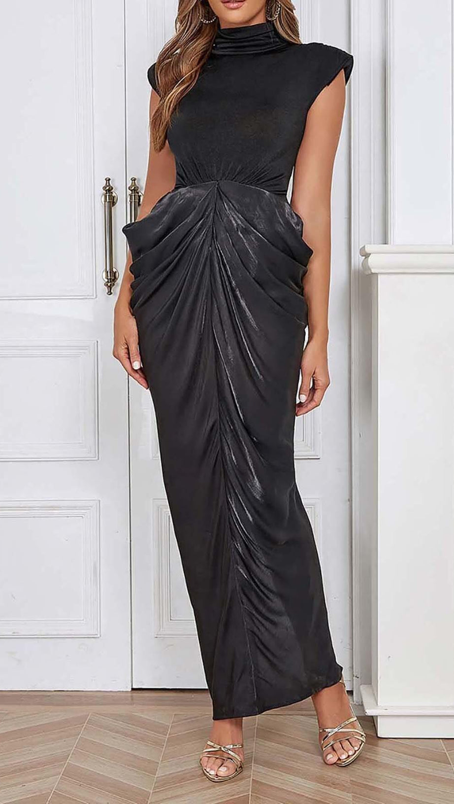 RUCHED OFF SLEEVE MAXI DRESS IN BLACK