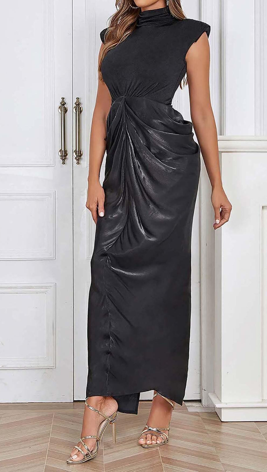 RUCHED OFF SLEEVE MAXI DRESS IN BLACK
