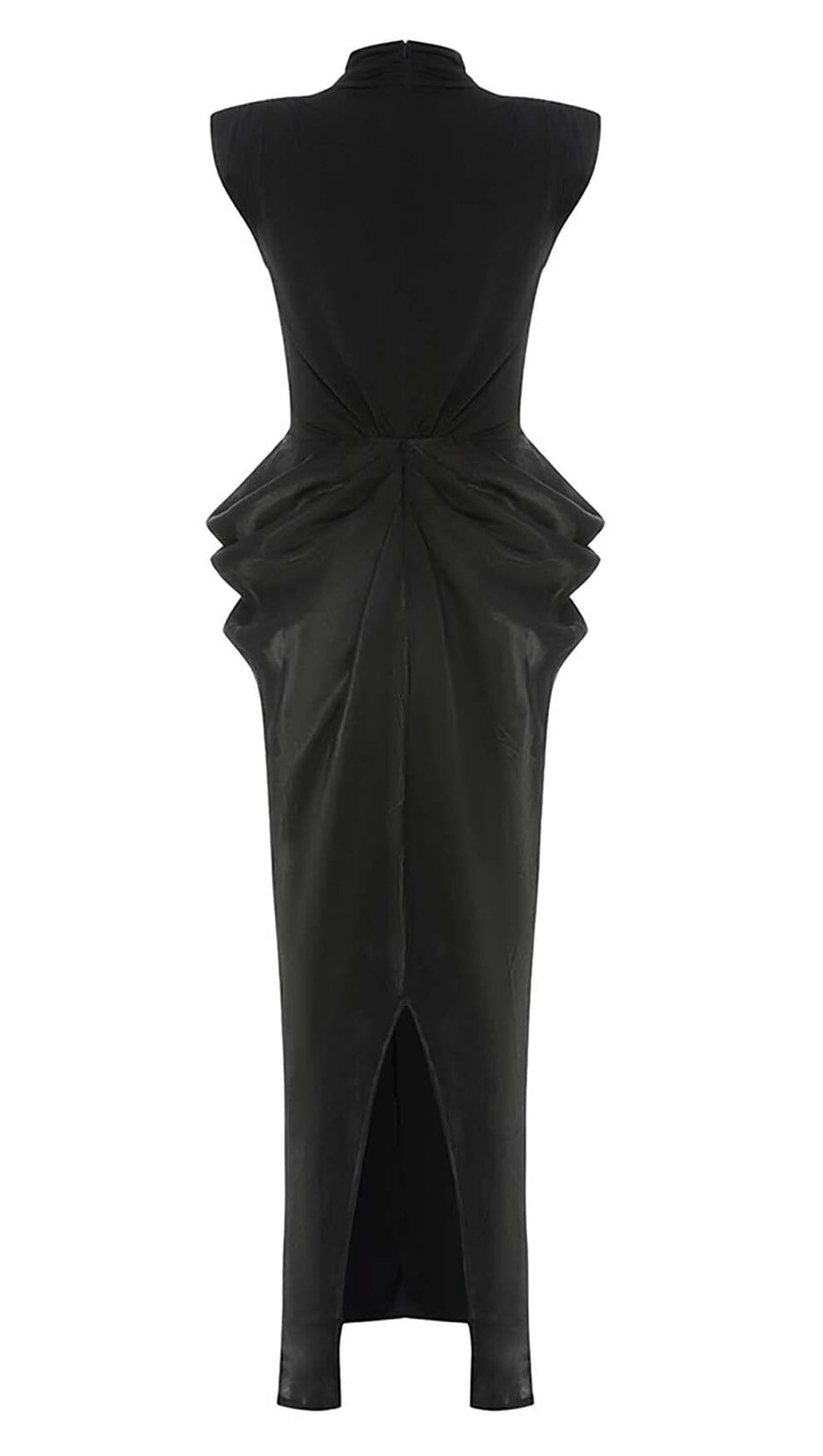 RUCHED OFF SLEEVE MAXI DRESS IN BLACK
