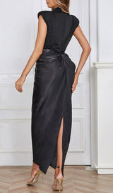 RUCHED OFF SLEEVE MAXI DRESS IN BLACK