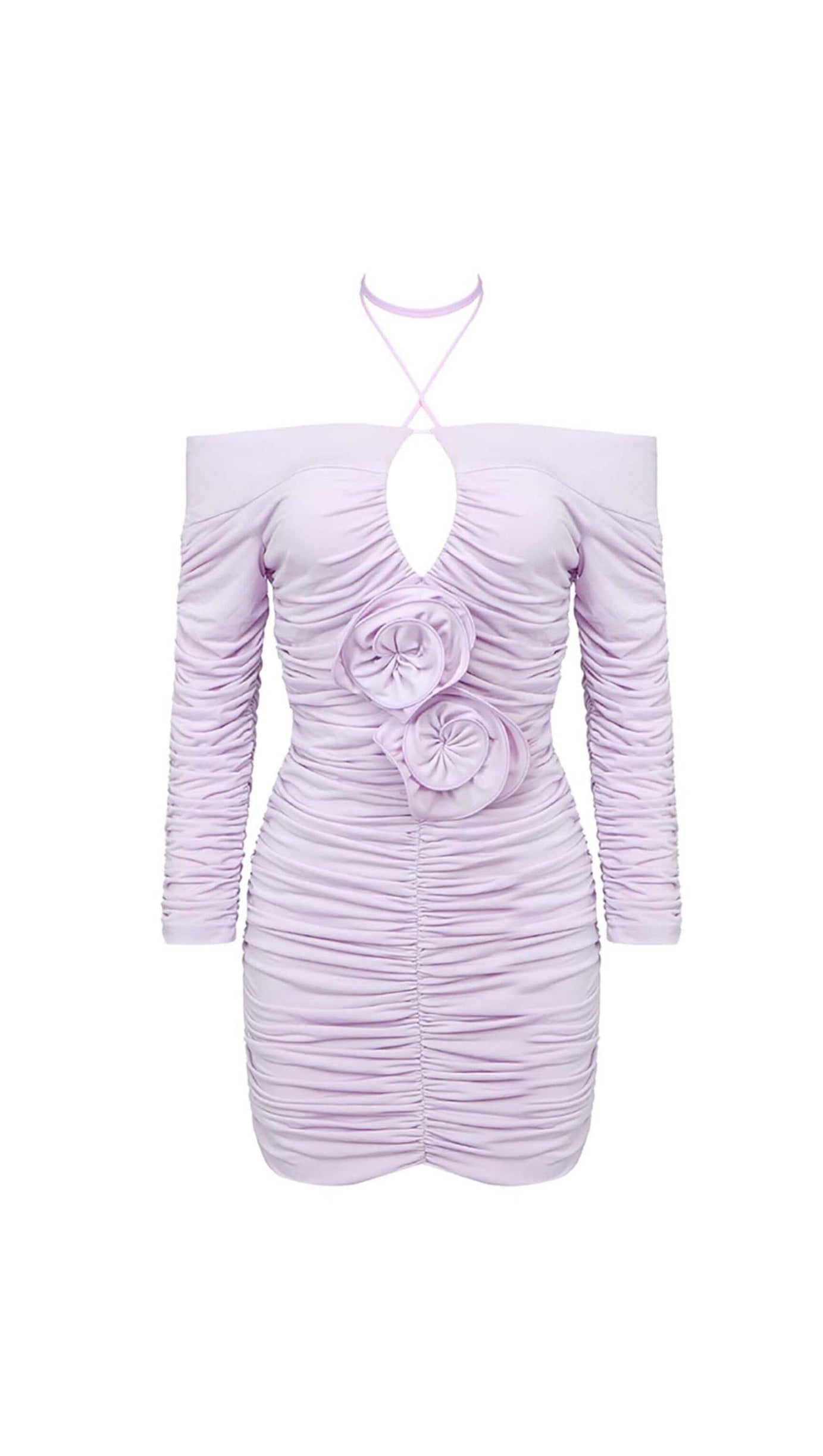 RUCHED OFF-SHOULDER MINI DRESS IN ILAC