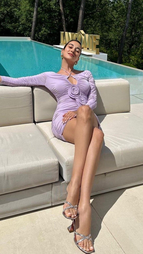 AIIZIE RUCHED OFF-SHOULDER MINI DRESS IN ILAC - product image