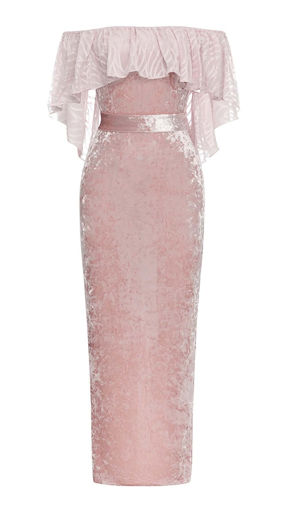 RUFFLED BANDEAU SATIN MAXI DRESS IN PINK