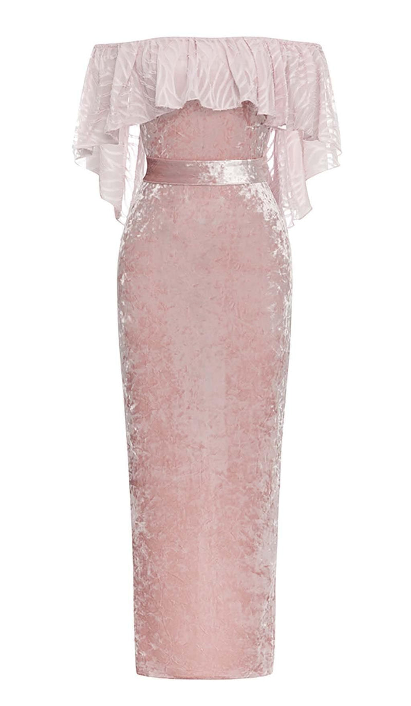 RUFFLED BANDEAU SATIN MAXI DRESS IN PINK