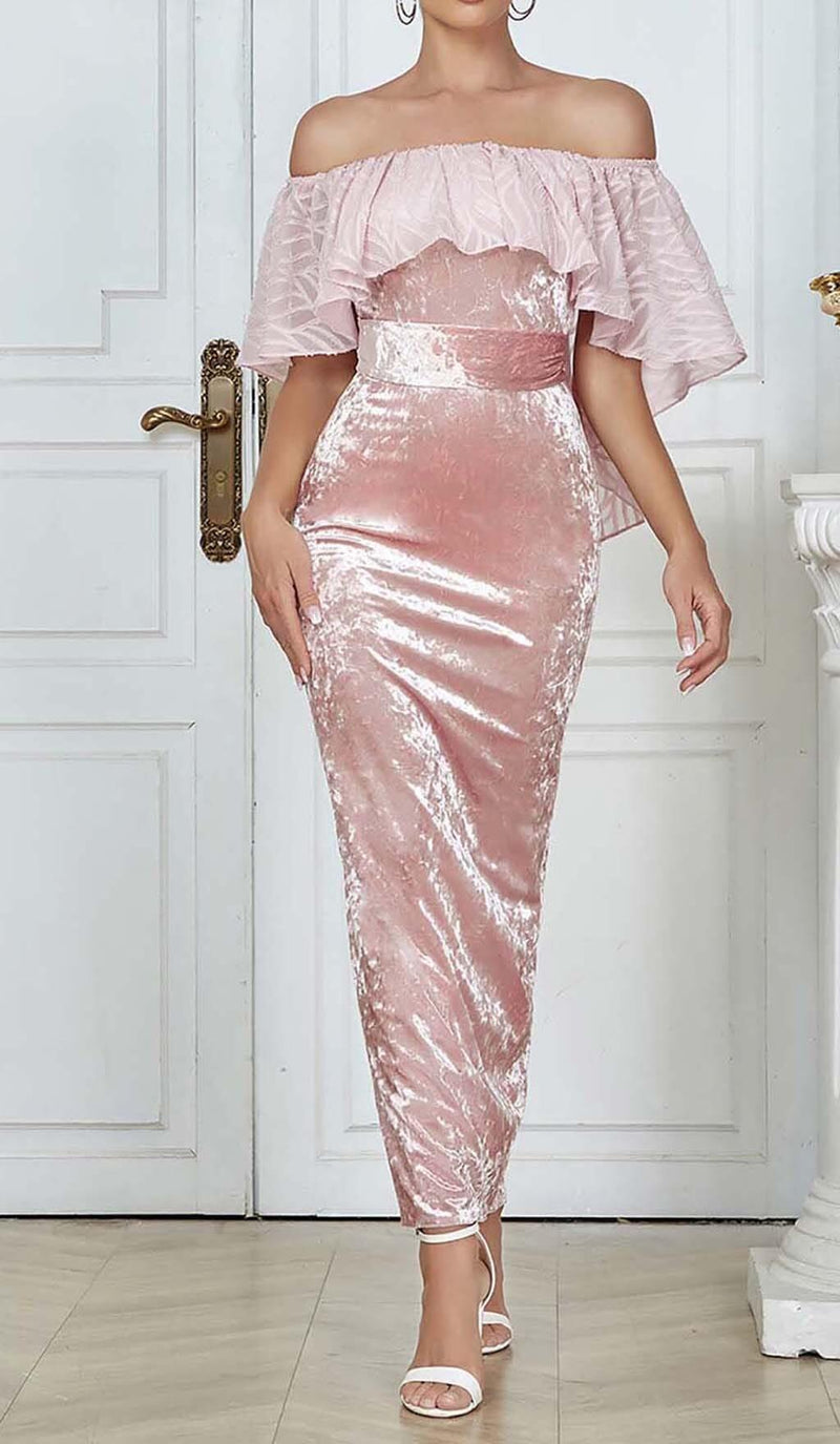 RUFFLED BANDEAU SATIN MAXI DRESS IN PINK