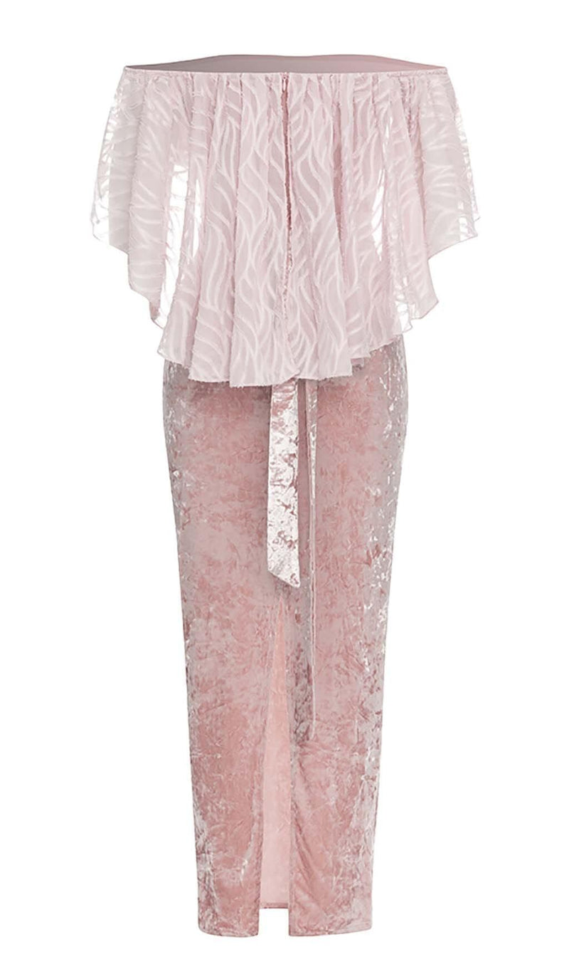 RUFFLED BANDEAU SATIN MAXI DRESS IN PINK