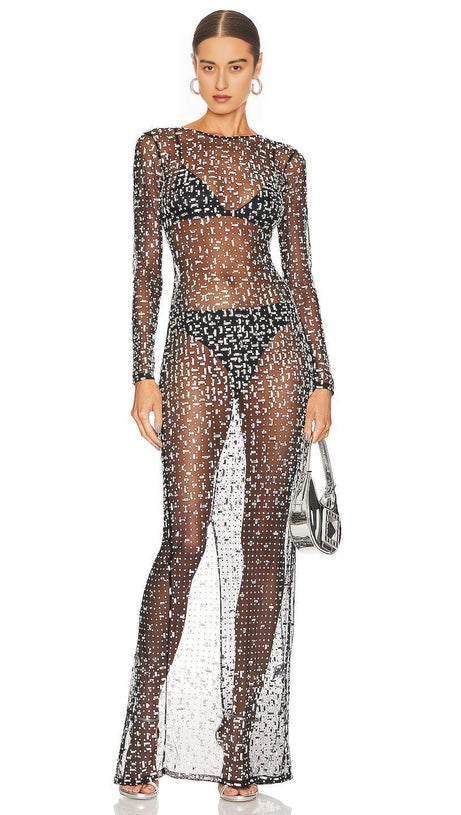 SEQUIN LACE PERSPECTIVE DRESS IN BLACK