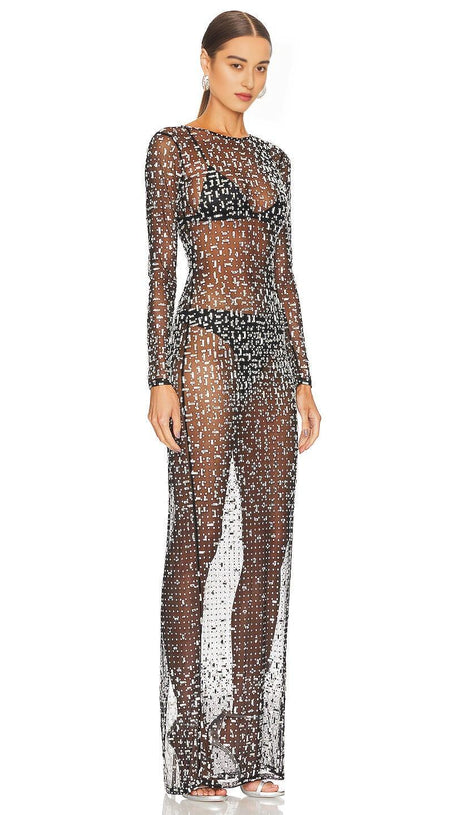 SEQUIN LACE PERSPECTIVE DRESS IN BLACK