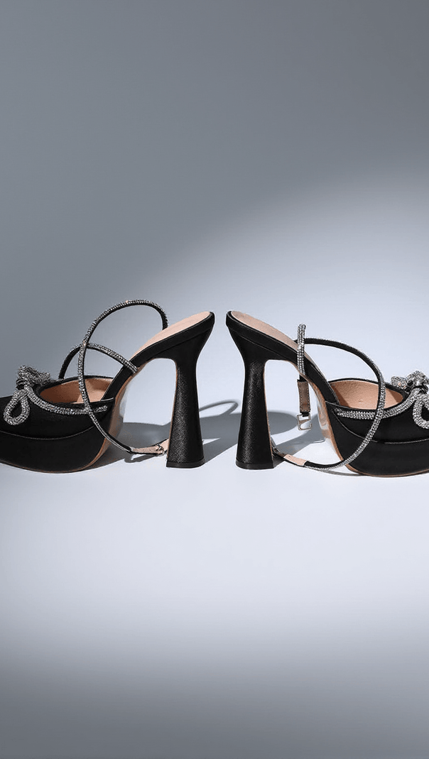 AIIZIE ANOUK BOW CRYSTAL SATIN HEELS IN BLACK - product image