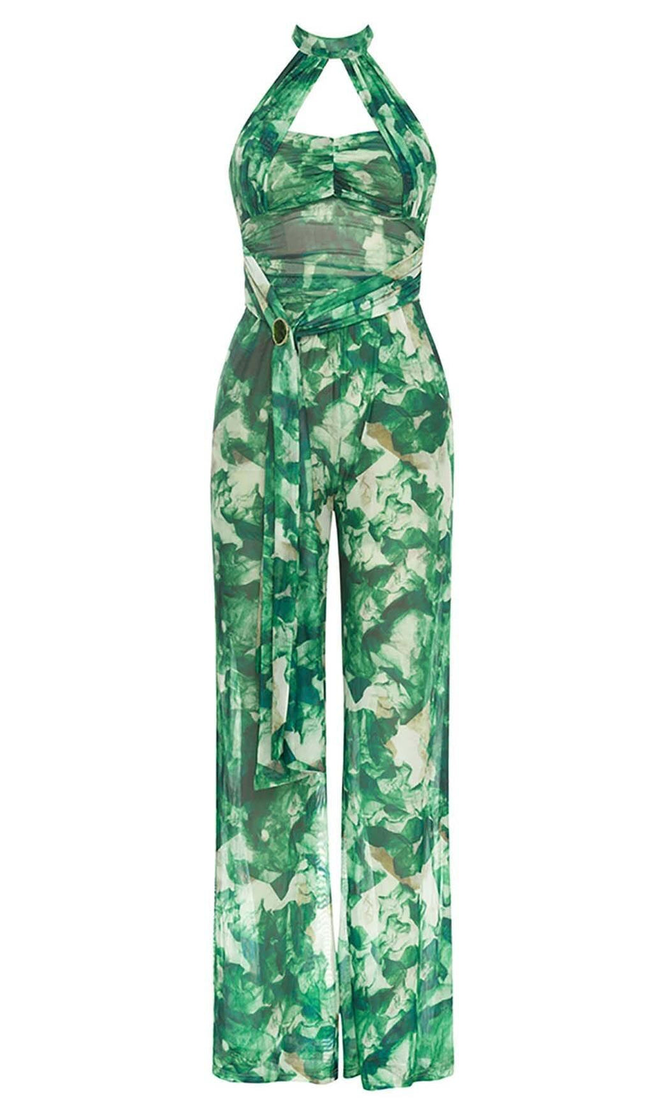 TIE FRONT HALTER NECK BACKLESS JUMPSUIT IN GREEN