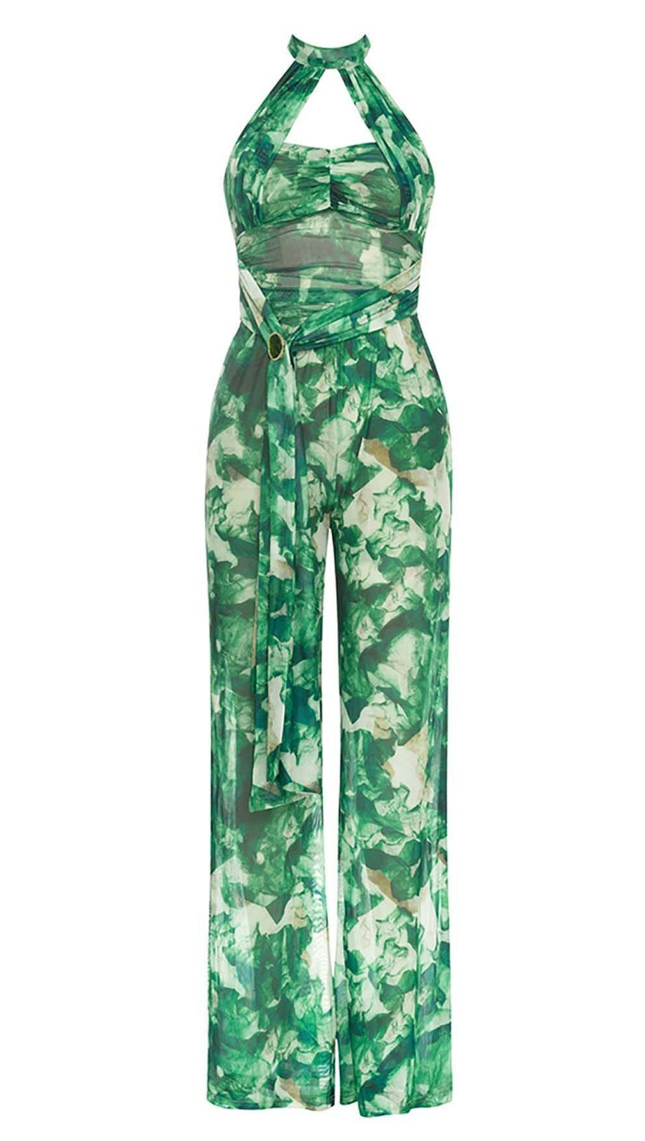 TIE FRONT HALTER NECK BACKLESS JUMPSUIT IN GREEN