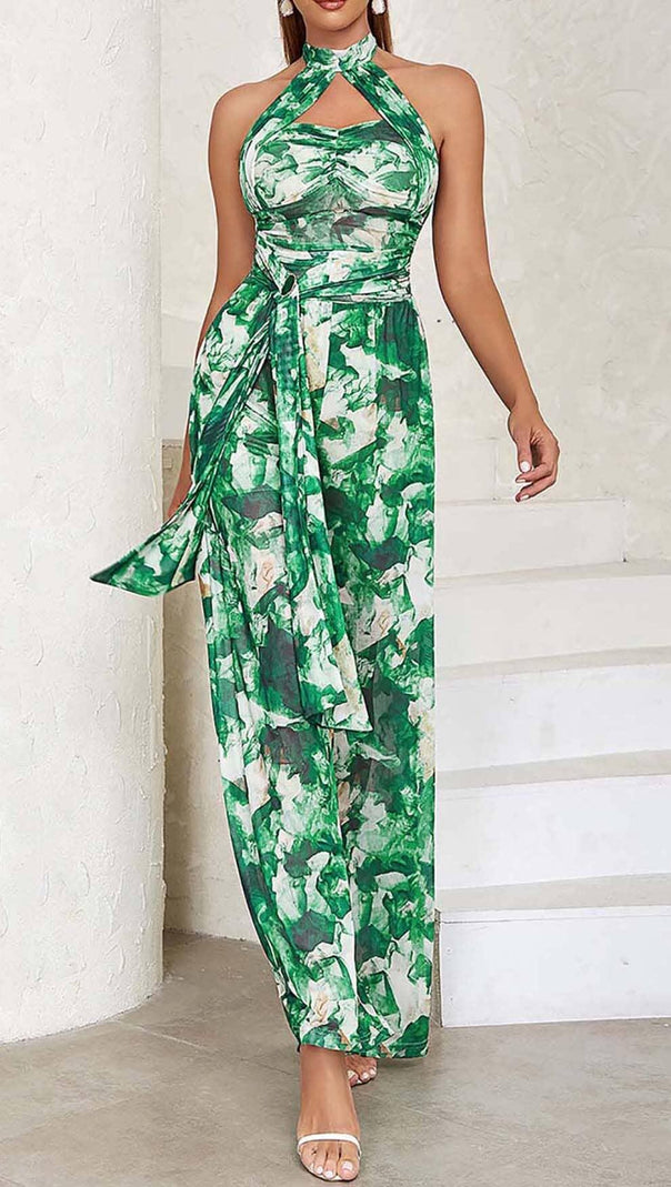 AIIZIE TIE FRONT HALTER NECK BACKLESS JUMPSUIT IN GREEN - product image