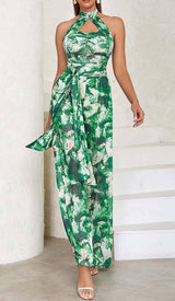 TIE FRONT HALTER NECK BACKLESS JUMPSUIT IN GREEN